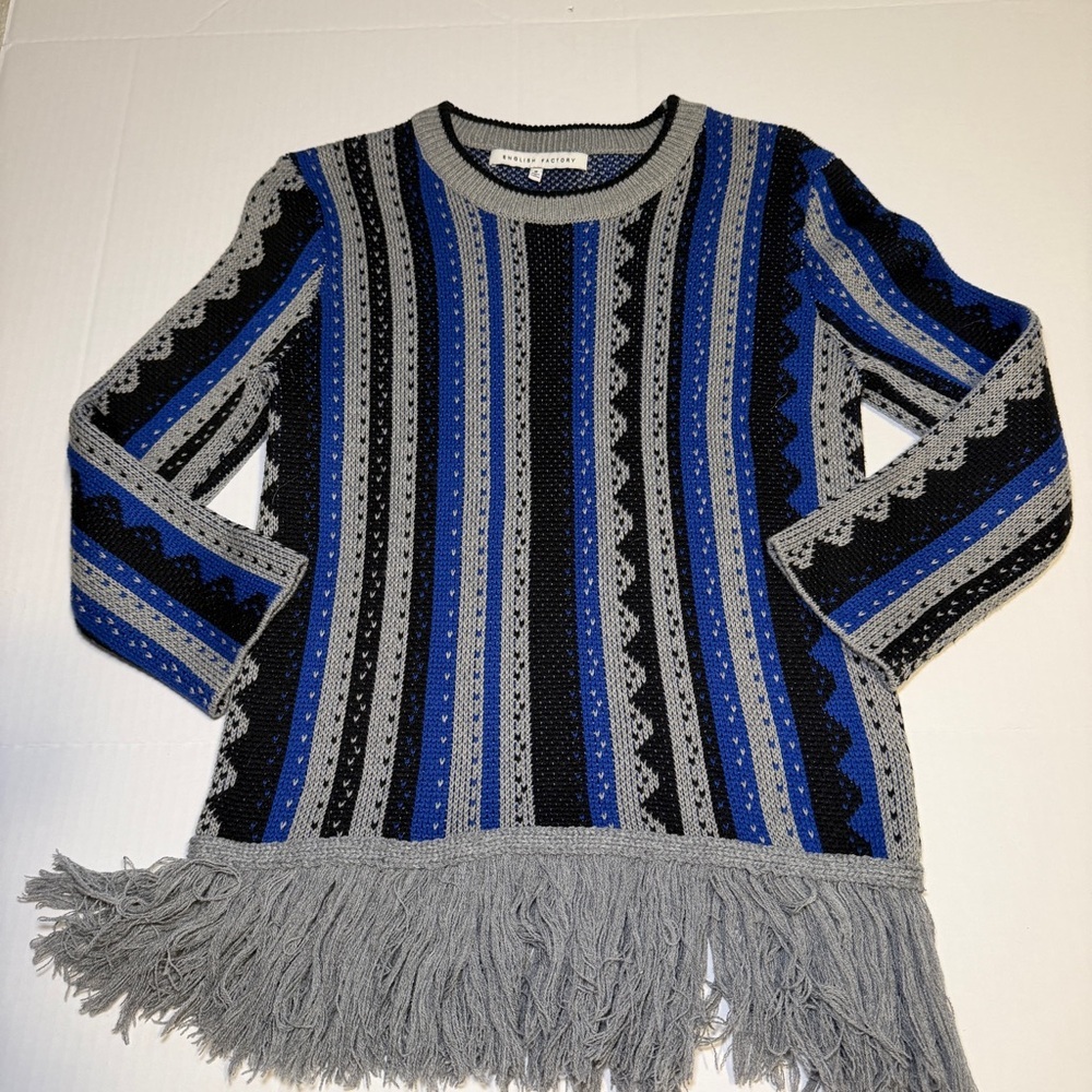 English Factory Blue and Gray Fringed Sweater